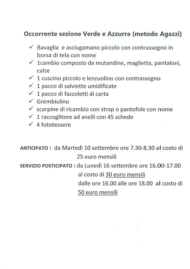 occorrente sezioni Verde e Azzurra